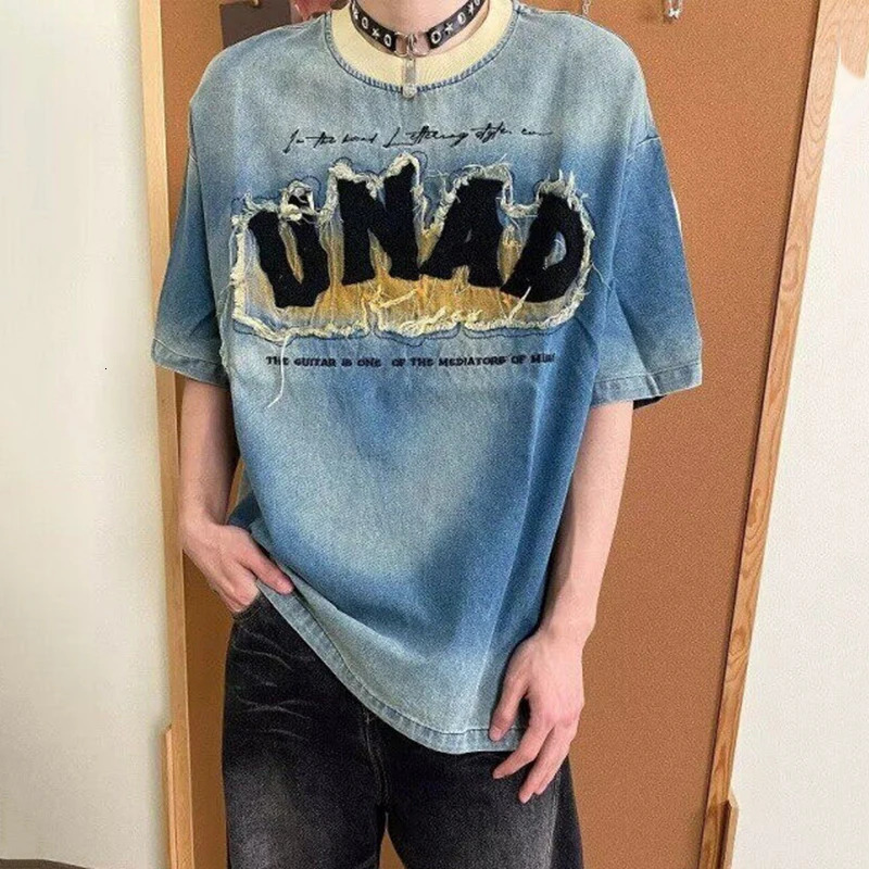 PFHQ Summer Men Denim T-shirt Embroidered Patchwork Contrast Color Short Sleeve T-Shirt Trendy Male Tops 21E6267 250617