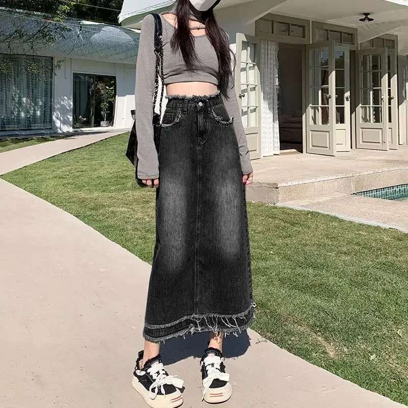 Jeans Skirts for Women Long High Waist Maxi Premium Korean Style Modest Casual Vintage Chic and Elegant Luxury Woman Denim Skirt