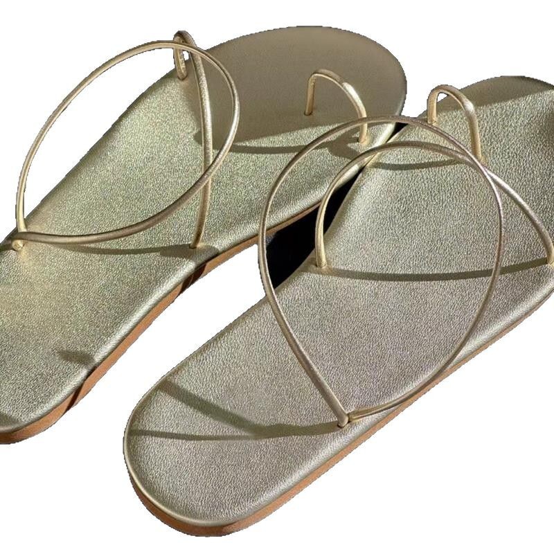 Foreign trade gold thin strip sandals summer French fairy style women's slippers designer sandals fashionable flat bottom women's shoes