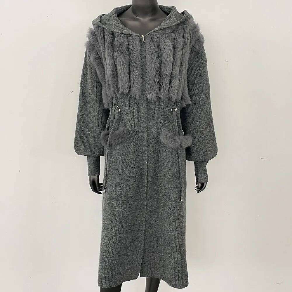 OFTBUY Long Cardigan Women 2025 New Spring Autumn Solid Sweater Lady Real Fox Fur Knitted Coat Fashion Hooded Knitwear Female