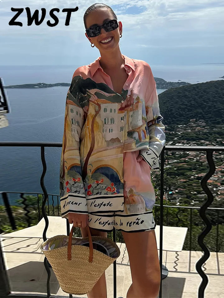 Holiday Printed Shirt Shorts Suits Women Casual Long Sleeve Lapel Button Shirt Loose Lady 2025 Summer Fashion Short Pants Set 250616