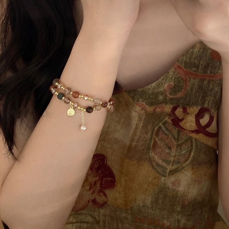 Double Layer Natural Stone Freshwater Pearl Beaded Bracelet for Women, Light Layered Bracelet, High-end Jewelry