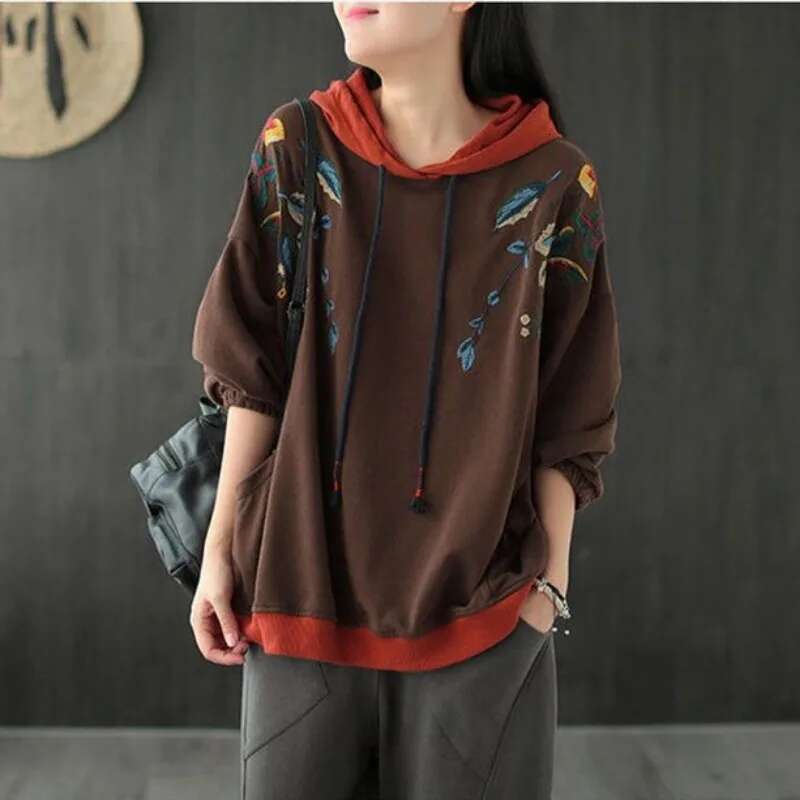 Brown Hoodies Embroidered Female Clothes Hooded Red Sweatshirts for Women Loose Green Baggy Tops Aesthetic Thick Goth Trend Emo