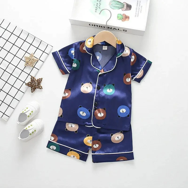 Kids Ice Silk Pajama Set Summer Baby Boys Girls Silk Satin Cardigan Short SleeveShorts 2Pcs Sets Children Casual Home Sleepwear 250617