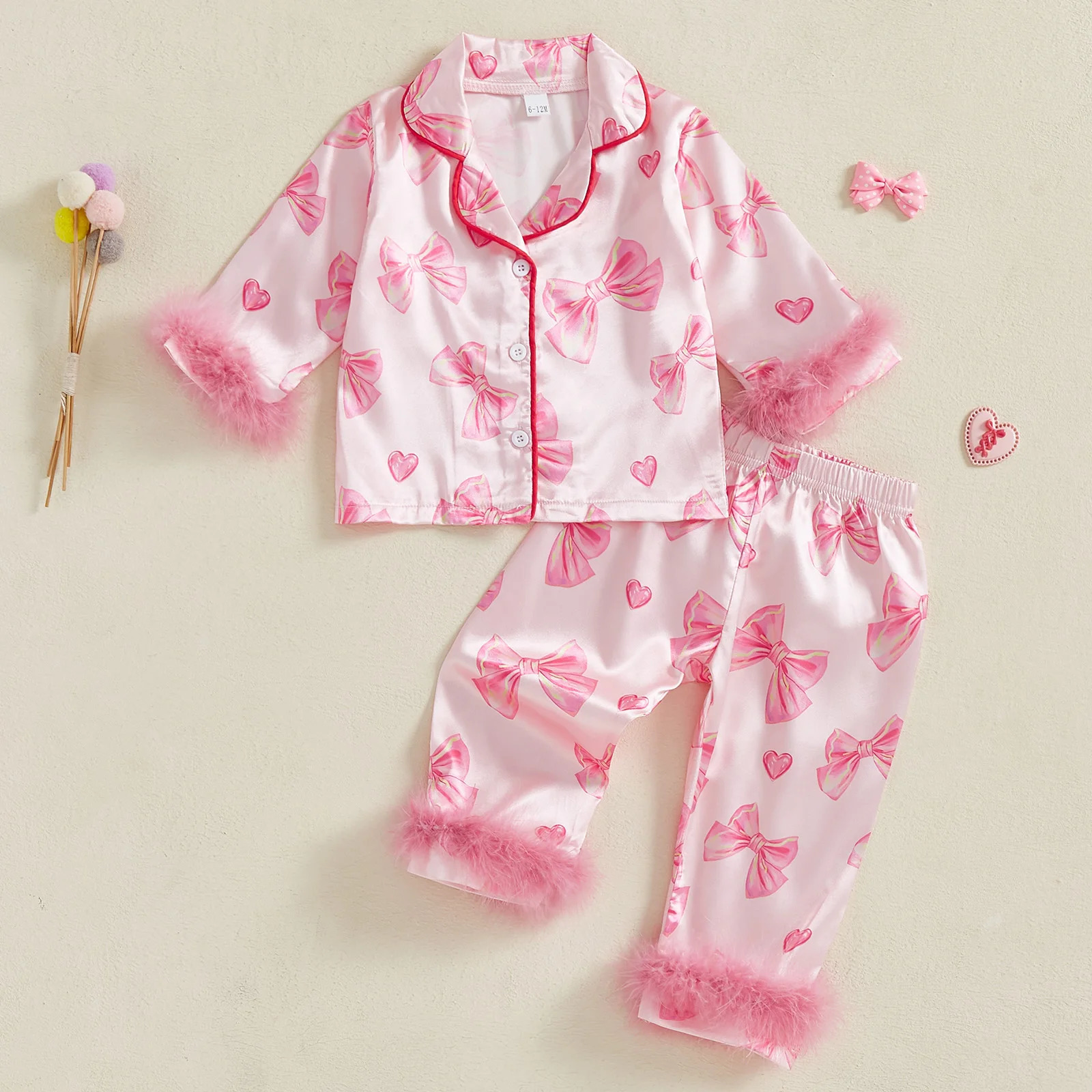 Kid Girl Satin Pajamas Set Bow Print Feather Cuffs Long Sleeve Lapel Button Down Tops with Pants Sleepwear 250617