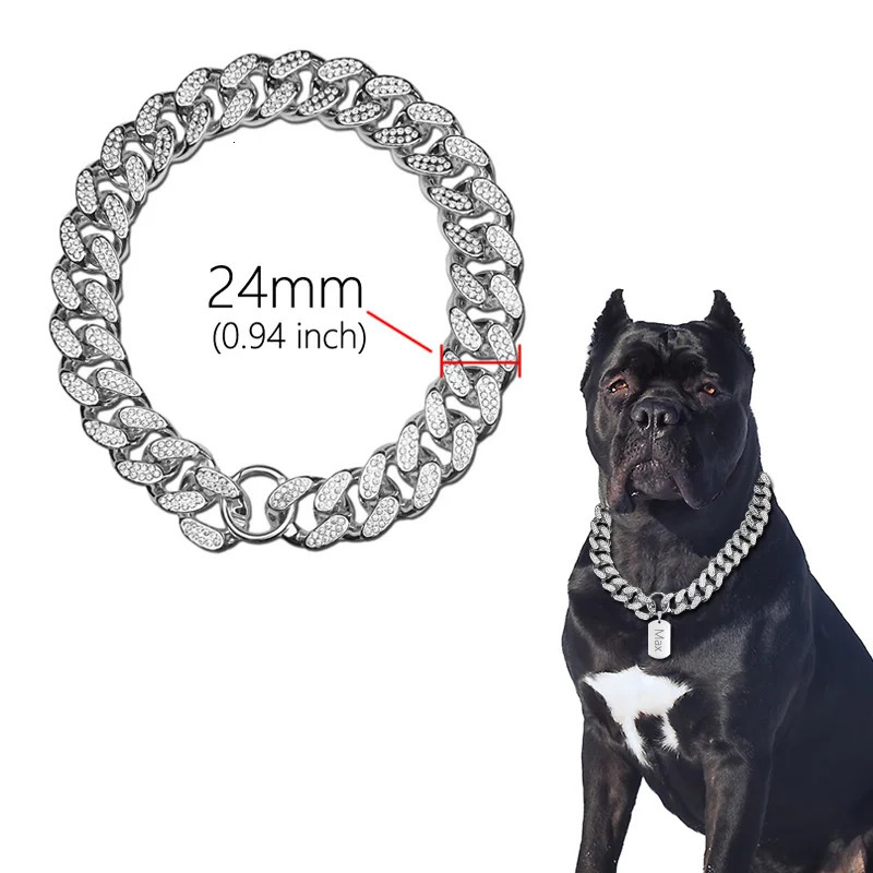 ABS Plastic Dog Collar Chain Diamond Inlay Sparkle Bulldog Necklace Cat Collars Pet Accessories Small Medium Large Dogs Golden 250614