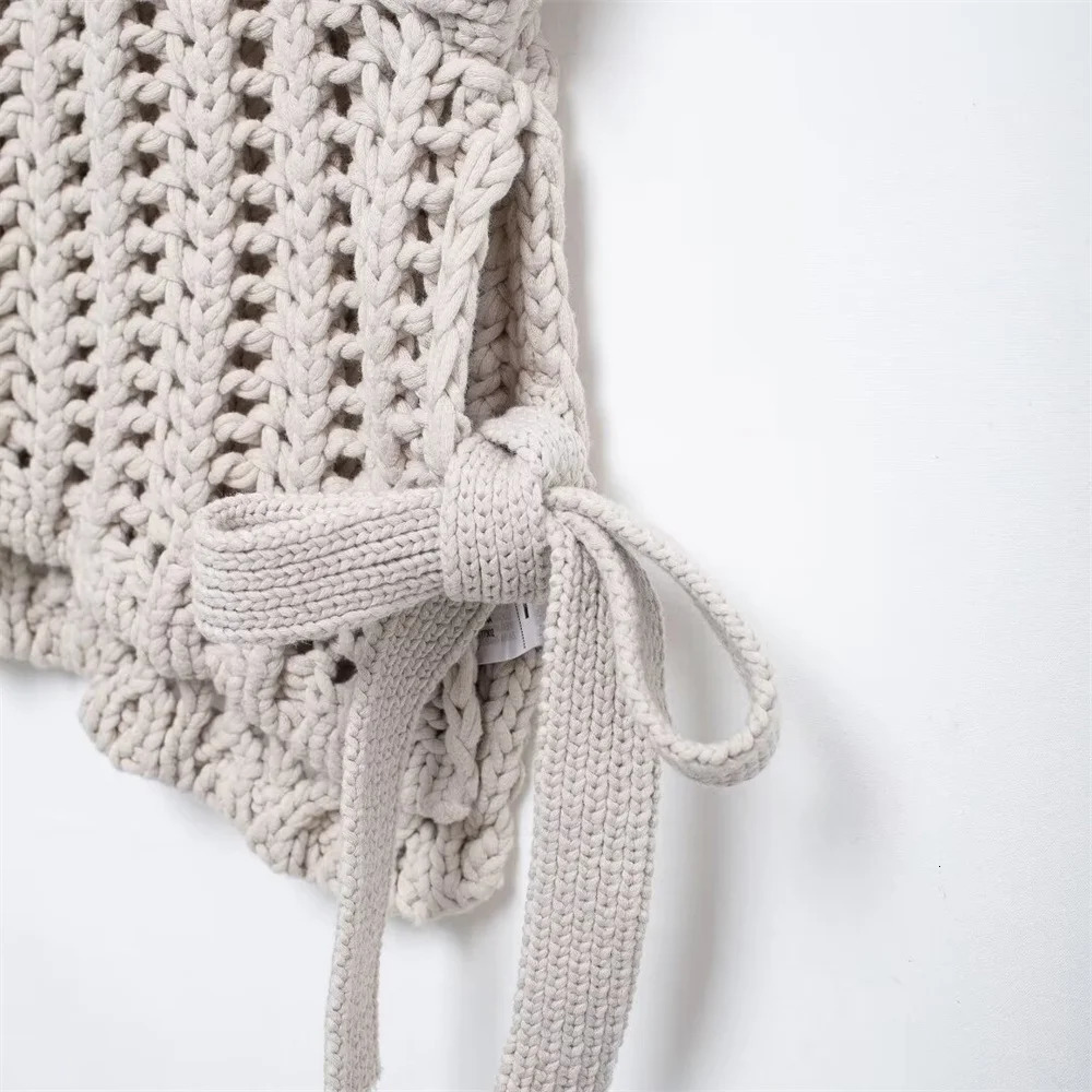 Hollow Out Knit Pullover Women Casual Round Neck Lace Up Bow Sweater Female Autumn Short Sleeves Solid Knitwears Lady 250614