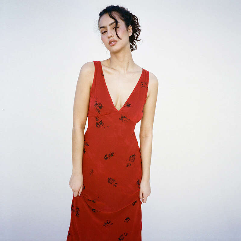 Black Dress Partydress Vestido De Mujer 828 Summer New 2025 Red Printed V-neck Slim Fit French Style Mulberry Silk Dress