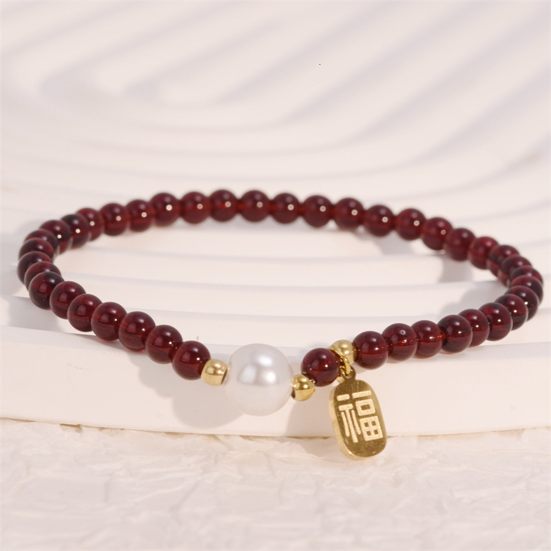 Natural Wine Red Garnet Bracelet for Women with Metal Round Pendant Design, Couple Jewelry, Minimalist Gift