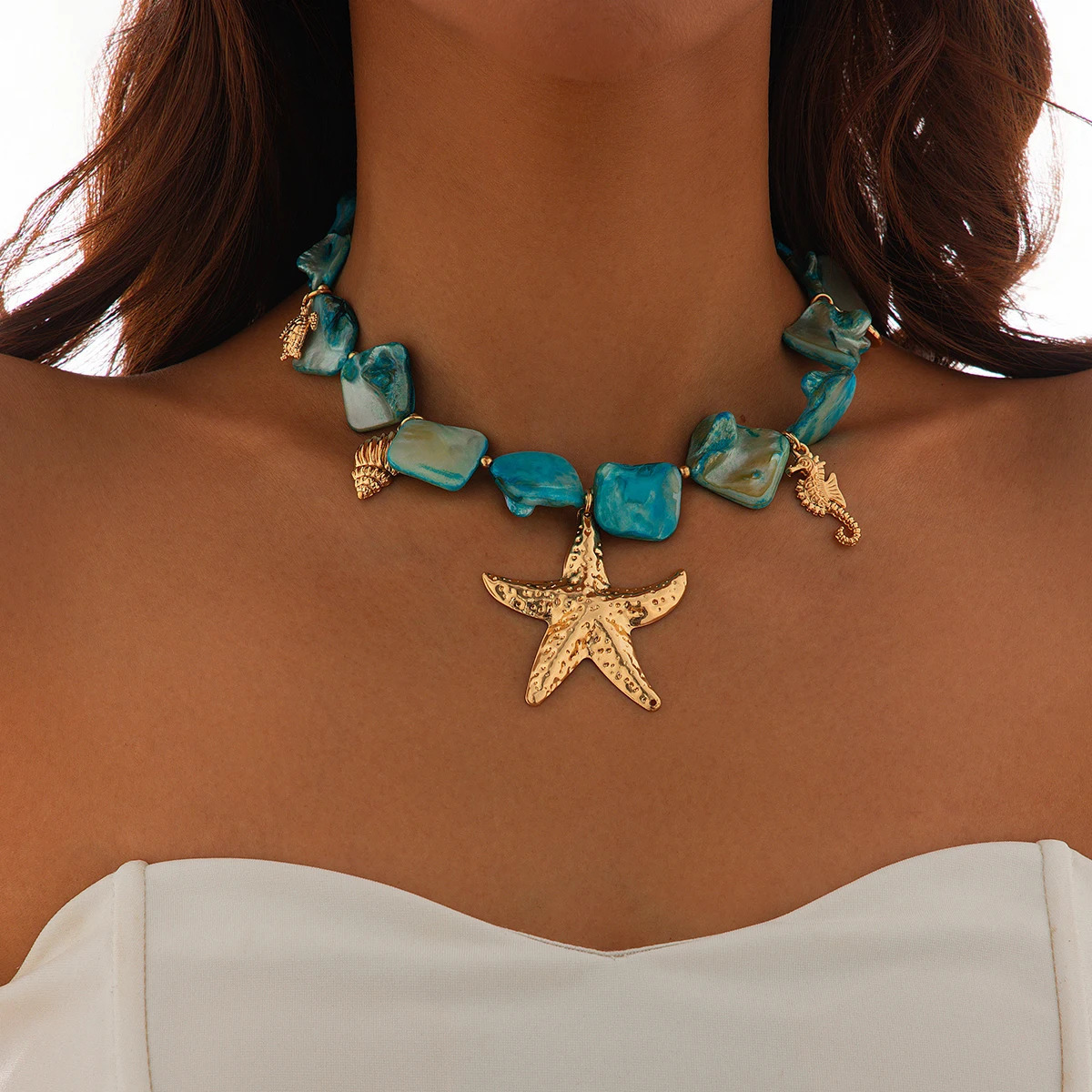 Ingemark Bohemian Irregular Chain Necklace for Women Summer Beach Vacation Starfish Conch Pendant Choker Necklace Y2K Jewelry 250616