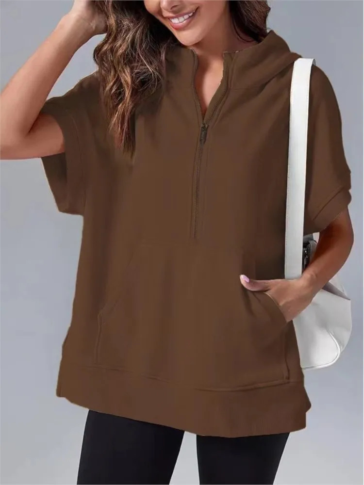 Women Fashion Solid Loose Sweatshirt Summer Short Sleeve Pocket Zipper Tops Female Casual High Street Sports Hooded 250612