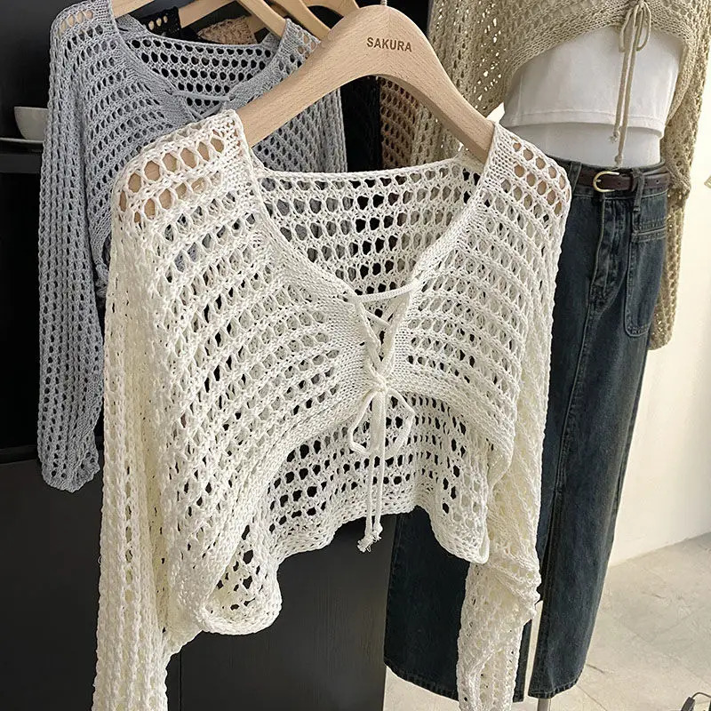 Hollow Out Short Style with Camisole Knitted Sweater for Womens Summer Loose Long Sleeved Cover Up Sun Protection Top 250616