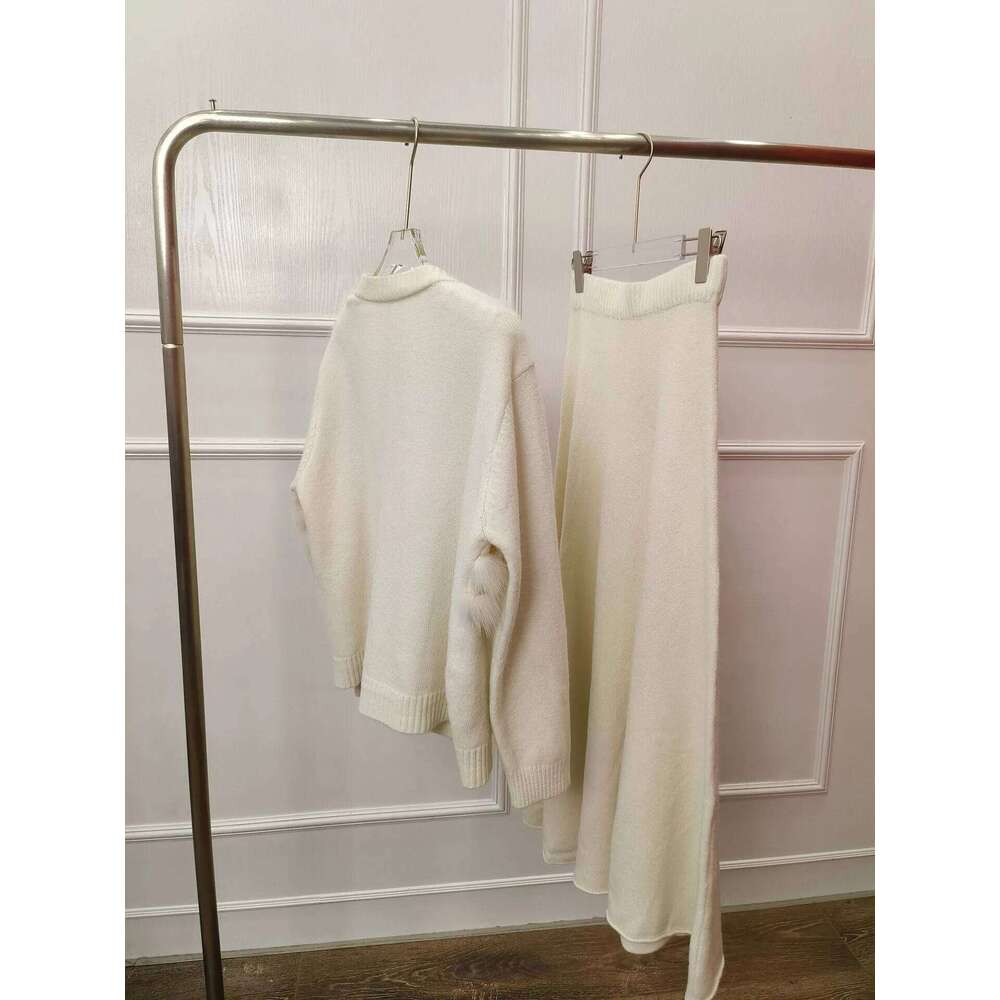 2024 New Spring Autumn Women's Real Fox Fur Knitted Cardigan Coat With Skirt Special Sweater Femeale Suit Long Sleeves