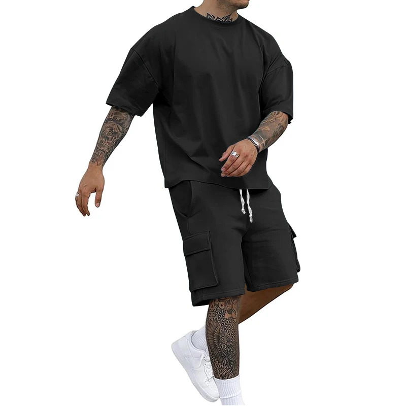 Summer mens round neck short sleeve T-shirt shirt shorts two-piece suit loose large size ice 250616