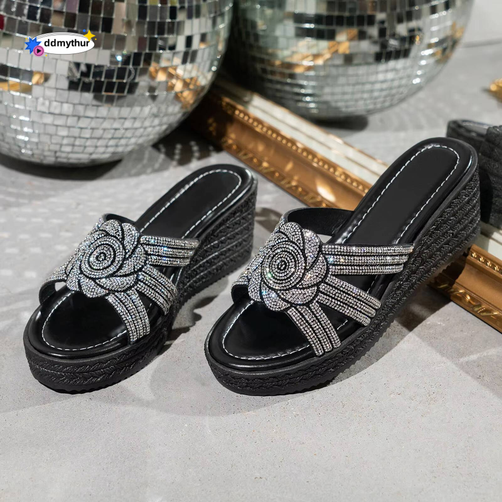 Deer Form Women'S Summer Wedge Fashion Slope Heel Open Toe Sticky Diamond Outdoor Slippers For Women 2024 ddmythur