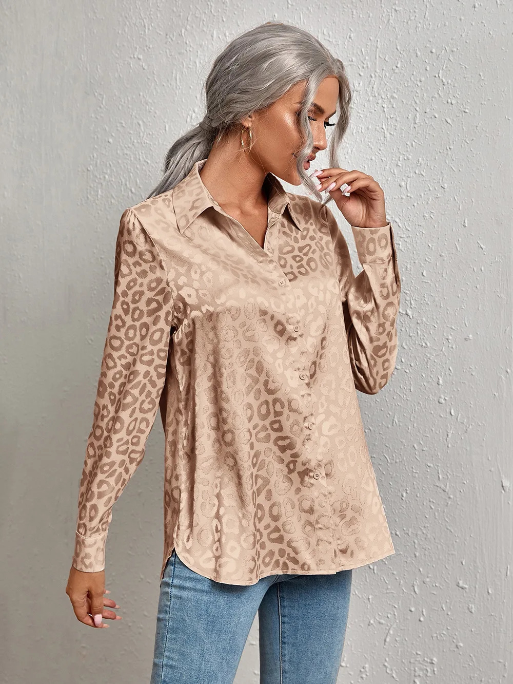 Women Leopard Print Blouse Spring Summer Long Sleeve Lapen Vintage Button Up Shirt Office Lady Satin Tunics Harajuku Top 250614
