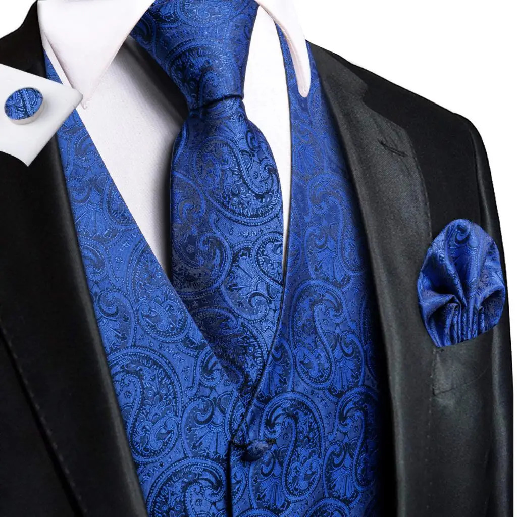 Sky Navy Royal Blue Silk Mens Waistcoat Tie Set Sleeveless Jacket Vest Necktie Hanky Cufflinks Wedding Business Oversized Gift 250614