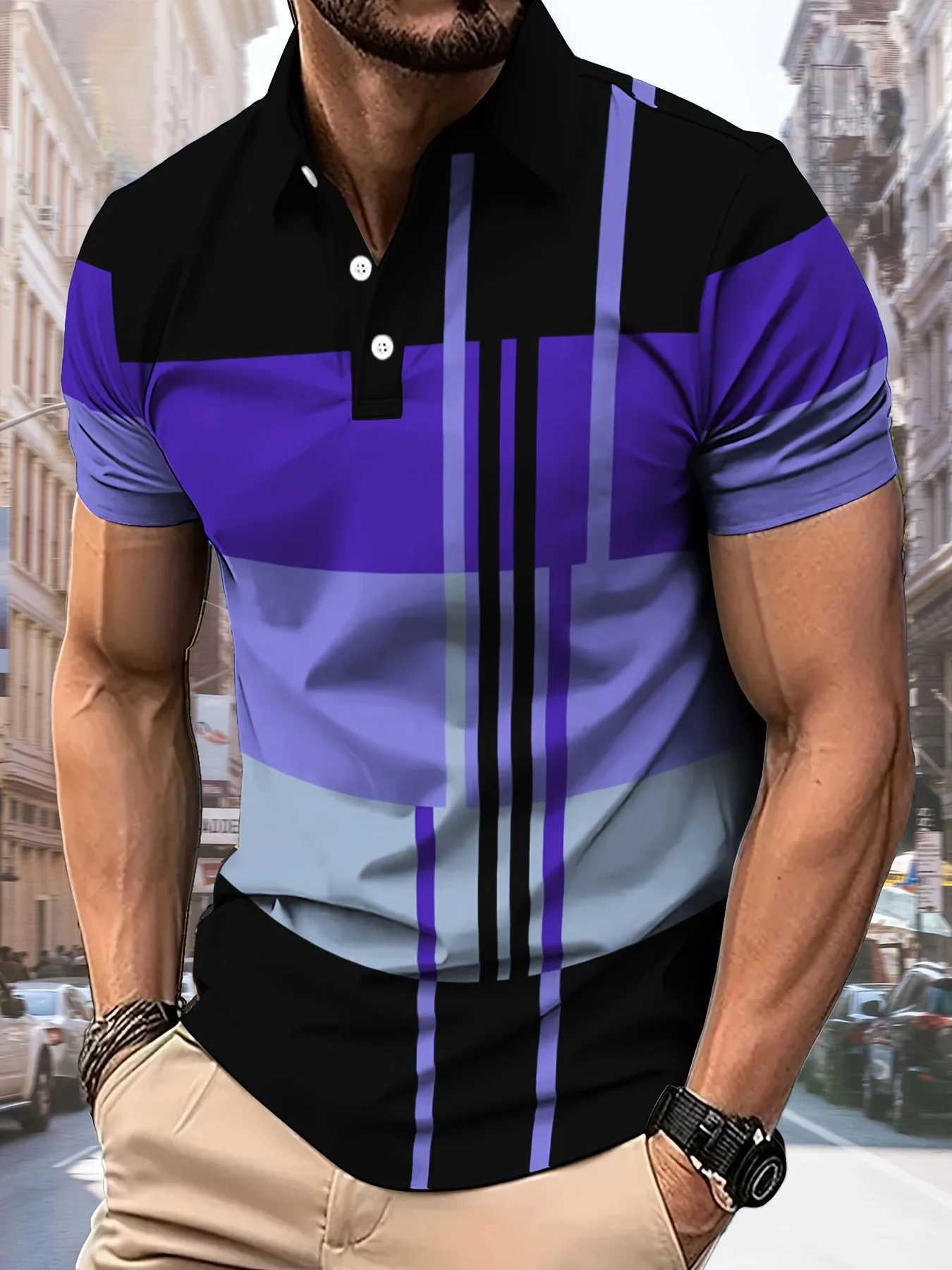 Summer New Mens Short Sleeve Lapel Business Polo Shirt 3D Digital Print Stripe Polo Shirt Sport Button Pullover Casual Tops XJ250617