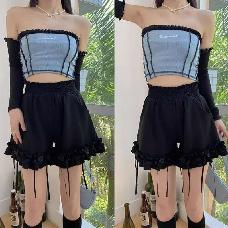 High Waist Wide Woman Short Pants Shorts for Women Black Ruffle Harajuku Fashion 2000s Clothes Y2k Jorts Normal Classic XL Hot