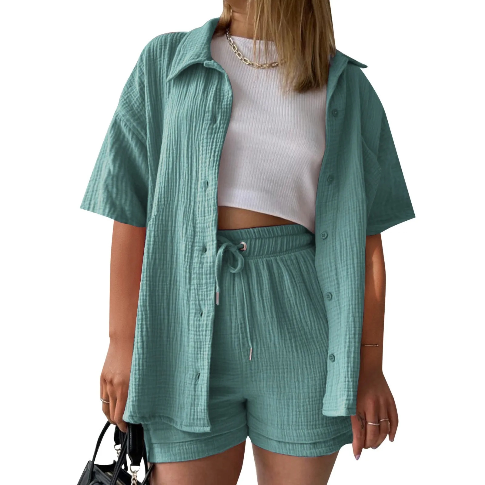 Y2k Comfy Women 2 Piece Outfit Lace Trim Womens Solid Color Short Sleeve Shirt Casual Shorts 2 Women Casual Joggers Sets 250616