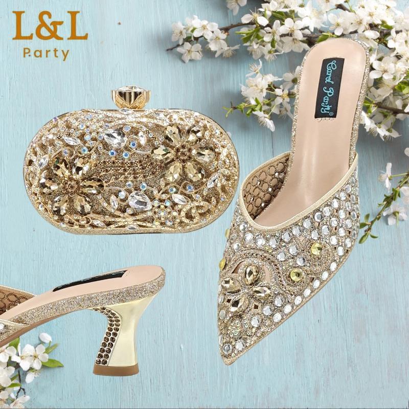 Dress Shoes Fashion Nigeria Design Rhinestone-encrusted Sex Ladies And Bag High Heels Sandals With Gold Color Mini For Party