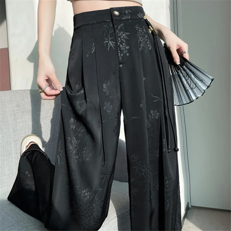 Chinese Style Jacquard Wide Leg Satin Pants for Women Elegant Solid Office Lady Womens Casual Loose Pants Female 250616