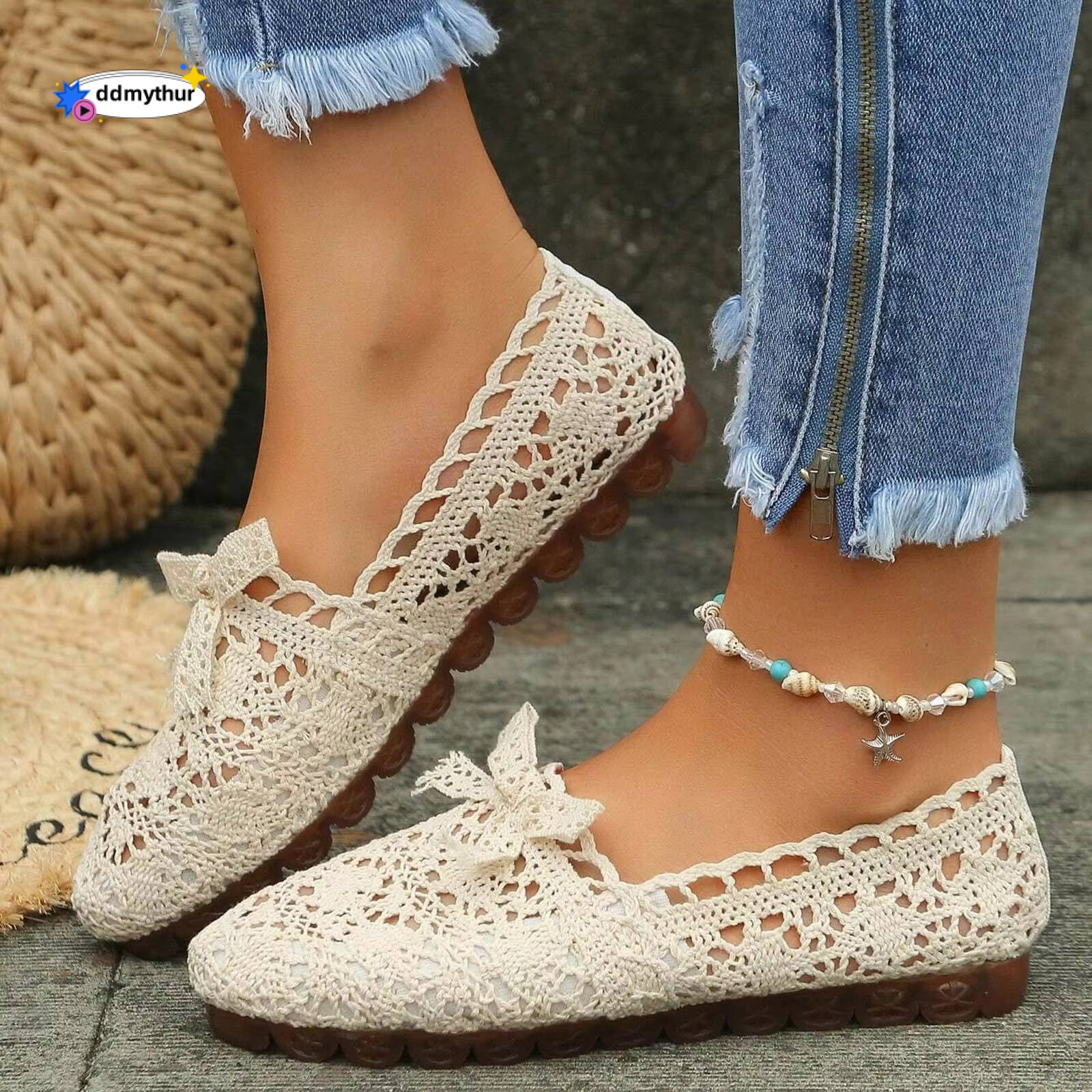 Women Casual Soft Sole Summer Flat Lace Bow Shoes Women's Hollow Out Air Mesh Loafers Womens Solid Color Sandals ddmythur
