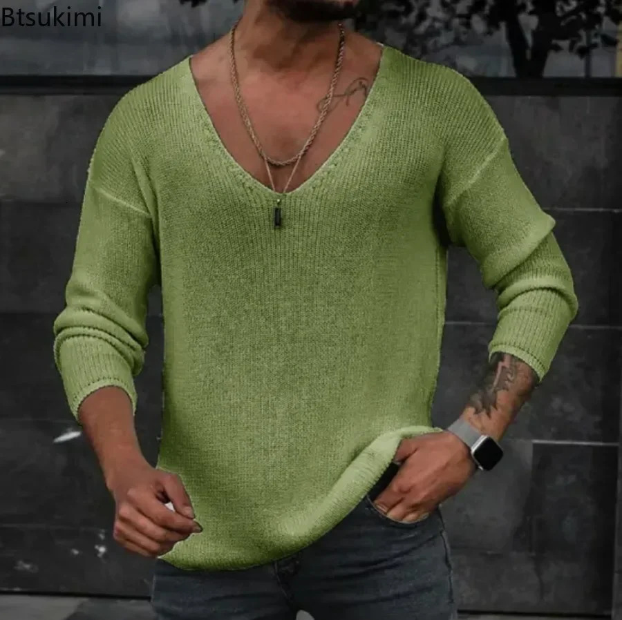 2025 Mens Casual Long Sleeve Knitted Sweaters Tops Solid Fashion Pullover Tops For Men Harajuku V-neck Streetwear Jumper 250616