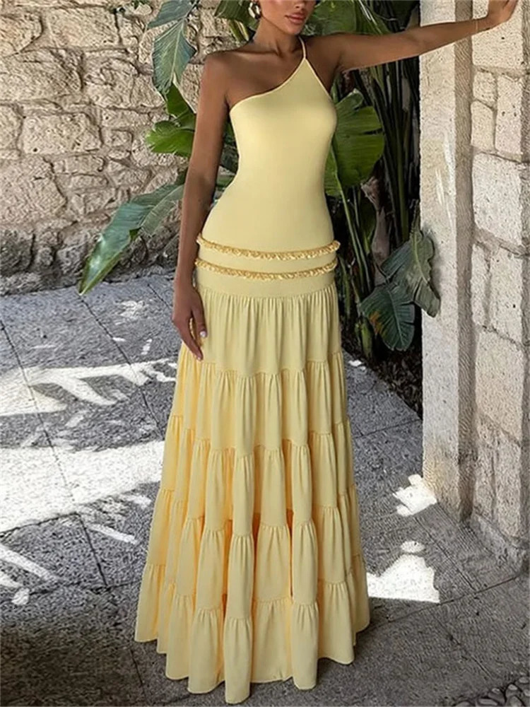 Tossy Ruffled One-Shoulder Elegant Long Dress For Women Skinny Backless Patchwork Lace-Up Party Dress Female Bodycon Dress 2025 250614