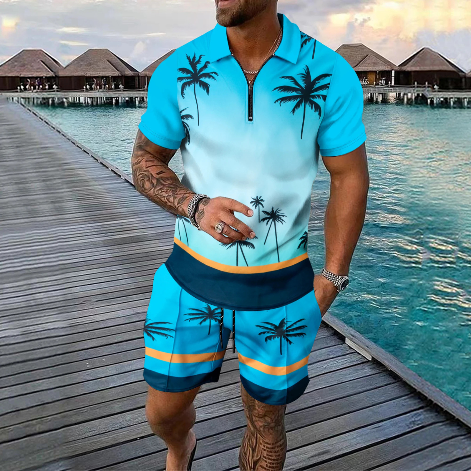 Funny Coconut Tree Print Mens Sets Summer Fashion Zip Polo Short Sleeve Tops Shorts Outfit Hawaiian Beach Vacation Casual Suit 250617