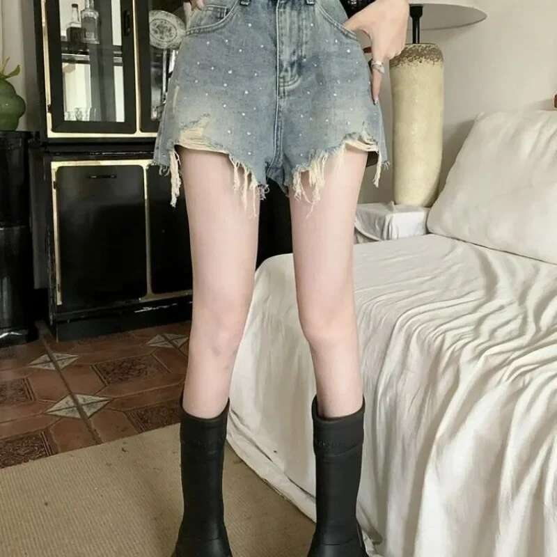 With Belt Denim Shorts for Women Korean Style Short Jean Pants Woman Wide Classic Flowy Harajuku Fashion XL Streetwear Elegant