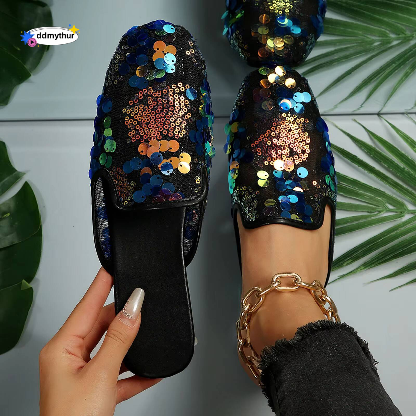 Women Casual Shoes Sequin Decoration Slipper Square Toe Flat Bottom Comfortable Platform Sandals Slides Outdoor Beach Slippers ddmythur