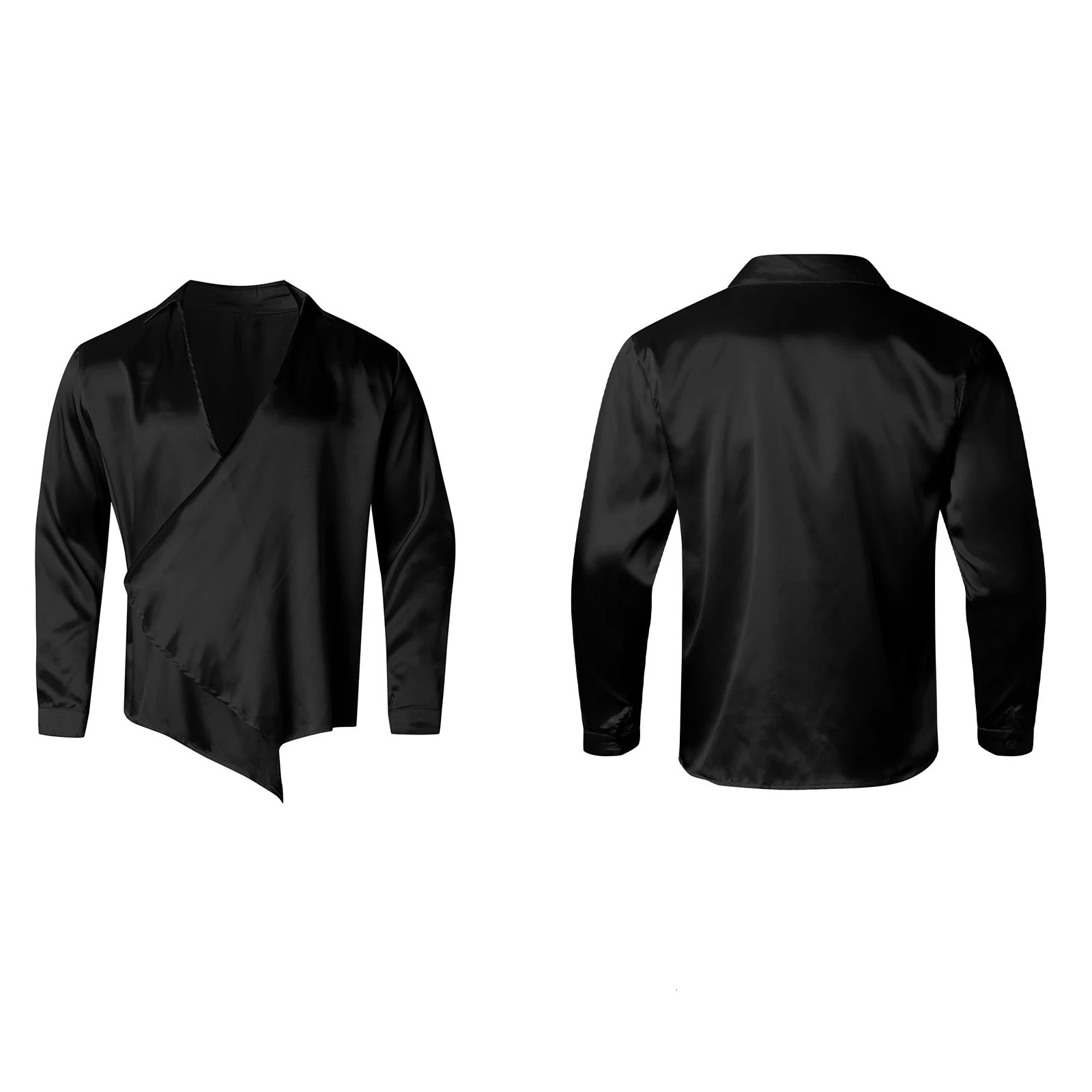 Mens Fall Shiny Satin Shirt Solid Color Long Sleeve Lapel V-Neck Wrap Loose Fit Tops 250616
