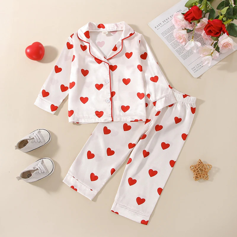 Kids Girl Pajamas Sets Fall Winter Casual Loungewear Sleepwear Baby Girl Long Sleeve Buttons TopsPants LoveHeart Print Pajamas 250617