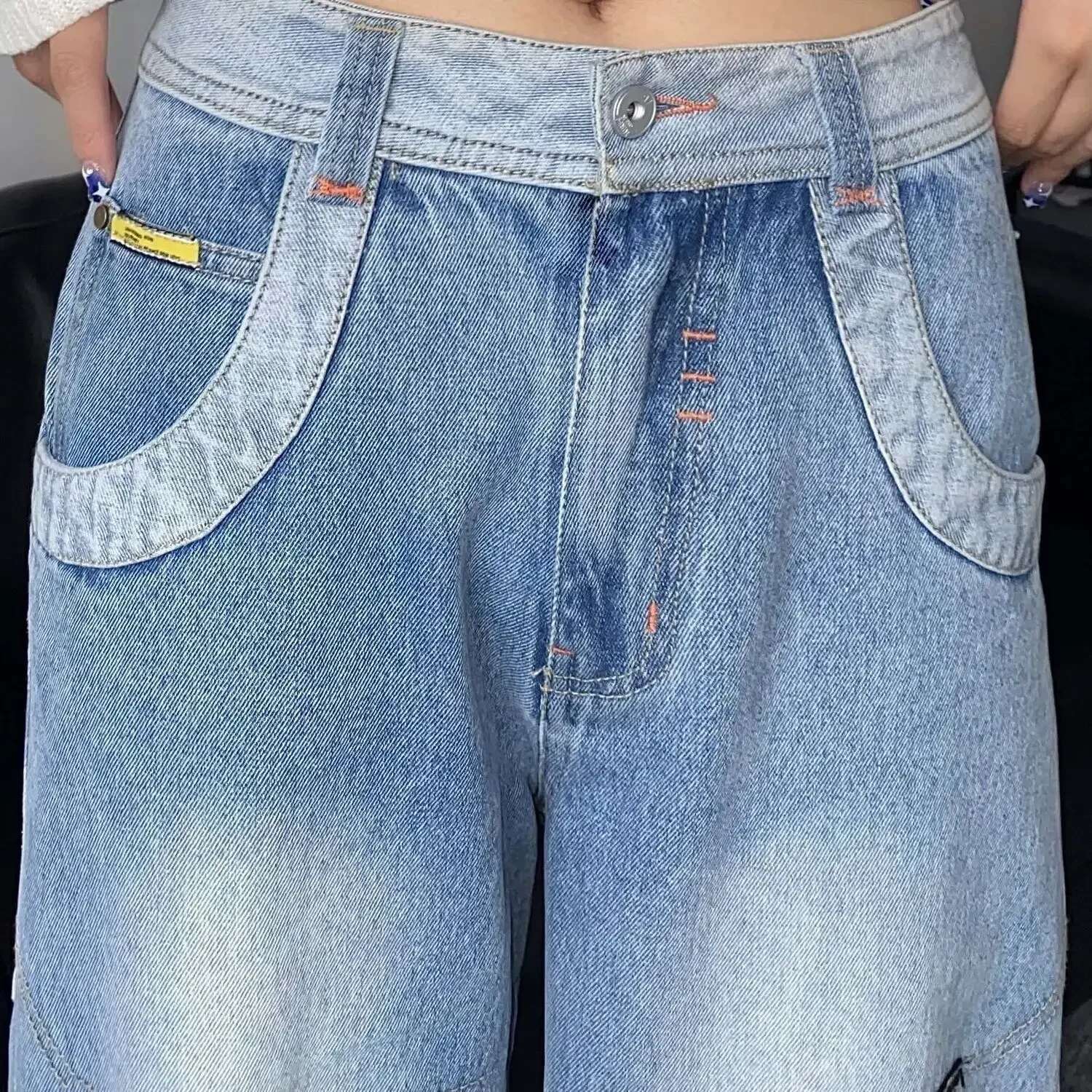 Pants for Women Letter Embroidered with Pockets Straight Leg High Waist Shot Womens Jeans Blue Trousers Streetwear Hippie Fitted