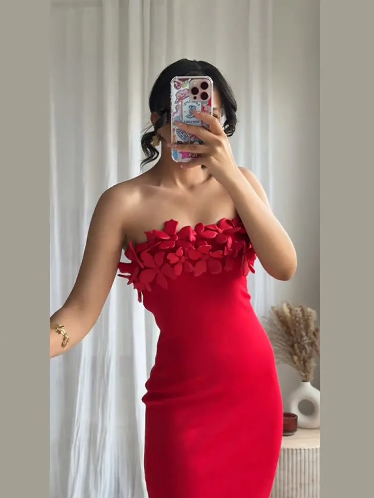 Strapless 3D Flower Women Dress Off Shoulder Sexy Backless Slim Fit Satin Solid Color Gown Robes Elegant Wrap Hip Long Dresses 250612