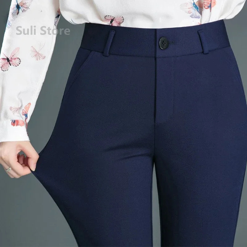 Spring Autumn Casual Button Elastic Mid Waist Black Navy Blue Straight Trousers Office Lady Quick Drying Suit Pants Female 250616