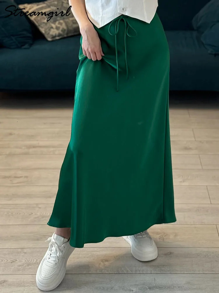 Long Black Satin Skirts For Women 2025 Spring Summer Straight Maxi Green Skirt Elegant Beige Women Satin Silk Skirts Long Brown 250614