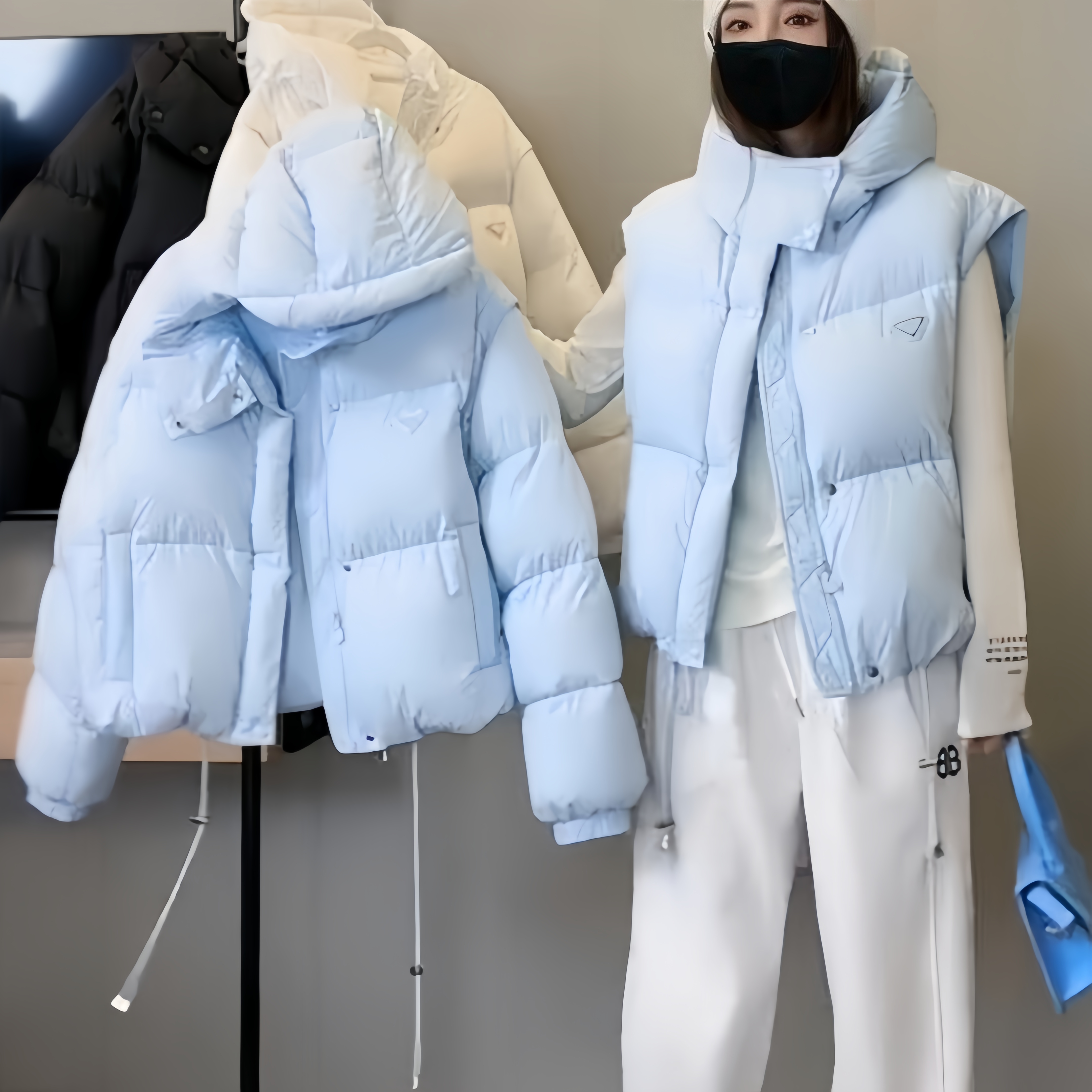 Fashion Removable Sleeve Hooded Down 2025 New Hot Designer Coat Women Black White Sky Blue Jacket Tops