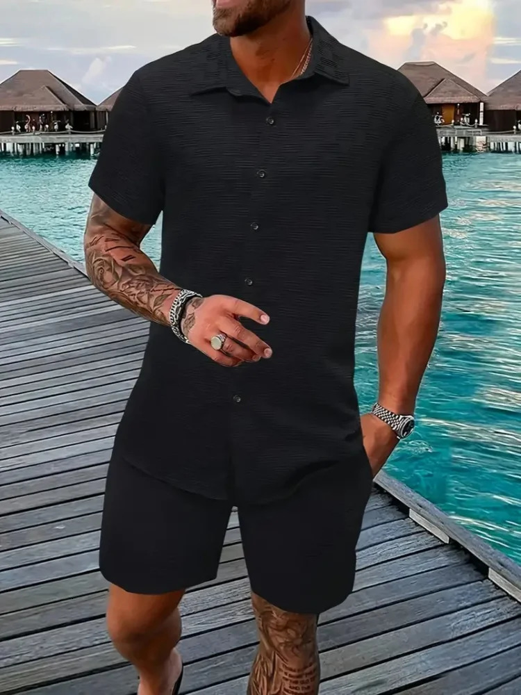 2025 Summer Mens casual daily outdoor travel solid color jacquard lapel short-sleeved Shirt drawstring Shorts two-piece Set 250616