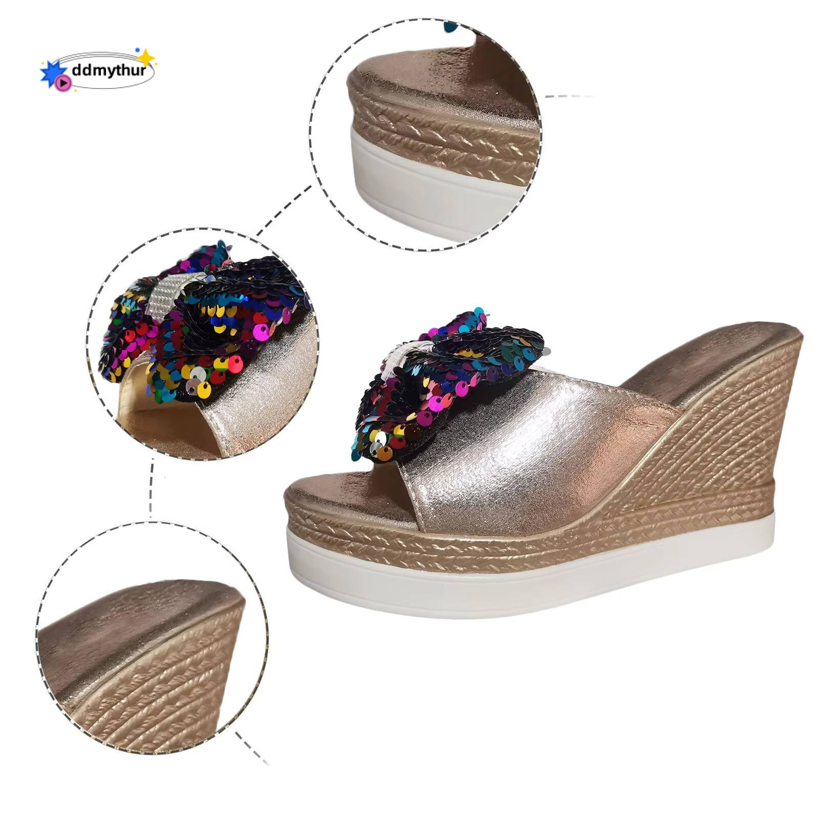 Studded For Heels Ladies Sequins Bowknot Slope High Thick Bottom Large Size Low Heel Sandals Women ddmythur