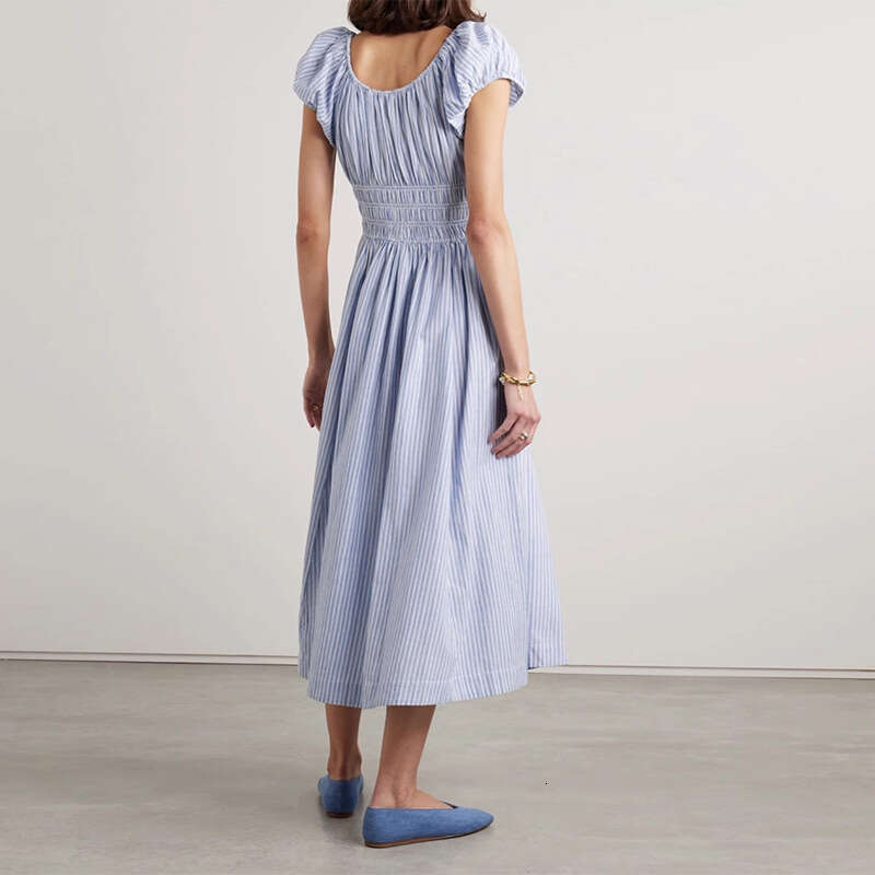 Vestidos Elegantes Beach Dress Skirt 710 New 2025 Blue Striped Square Neck Pure Cotton Vacation Waist-cinching Mid-length Dress French Style Women