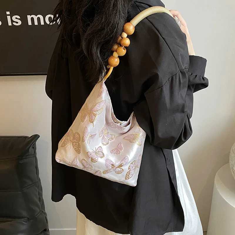 Chinese Style Elegant Womens Shoulder Bags Embroidery Ladies Bamboo Beading Top-handle Bag Casual Female Bucket Tote Purse Z250617