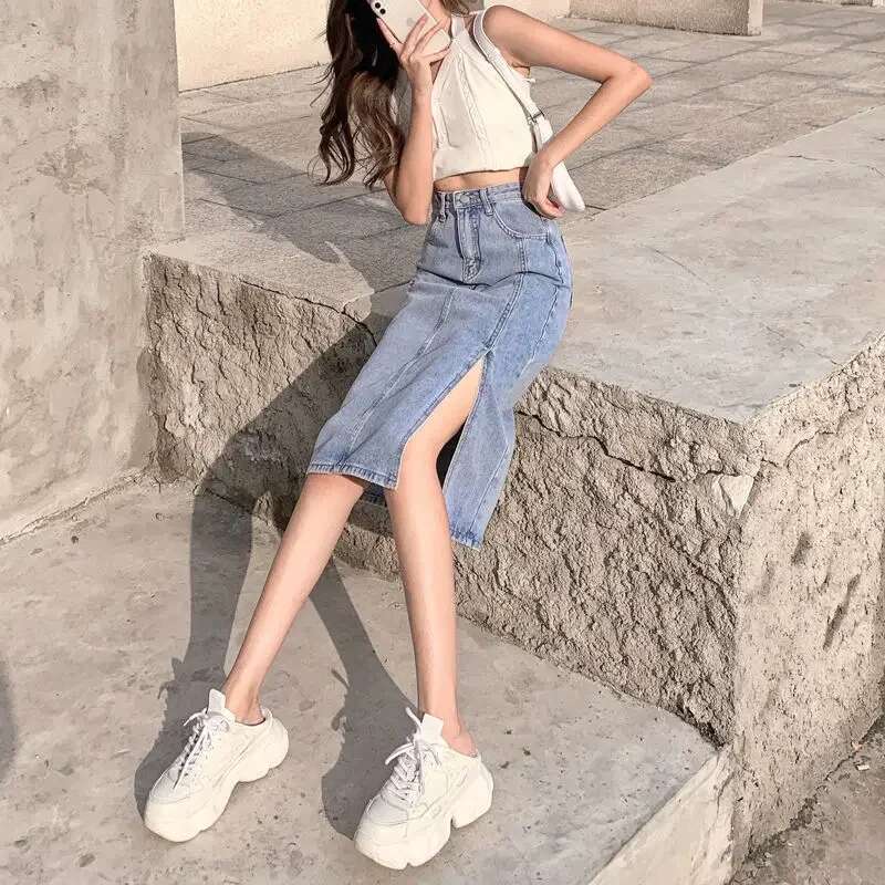 Woman Denim Skirt with Slit High Waist Jeans Skirts for Women Blue Cheap Modest 2025 Trend Stylish Premium Vintage Streetwear V
