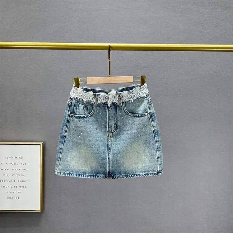 Tight Rhinestone Jeans Skirts for Women Aesthetic High Quality Clothing Trend 2025 Streetwear Cheap Vintage Woman Denim Skirt