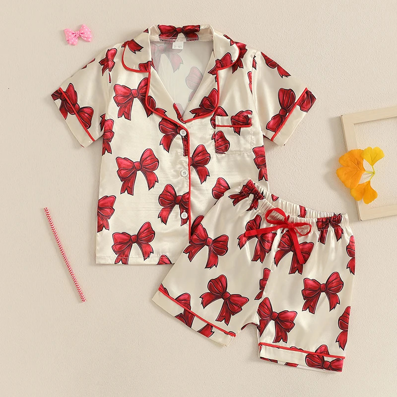 Toddler Kids Baby Girls Summer Pajamas Sets Bow Print Button Turn-down Collar Short Sleeve Shirts Shorts Loungewear Outfits 250617