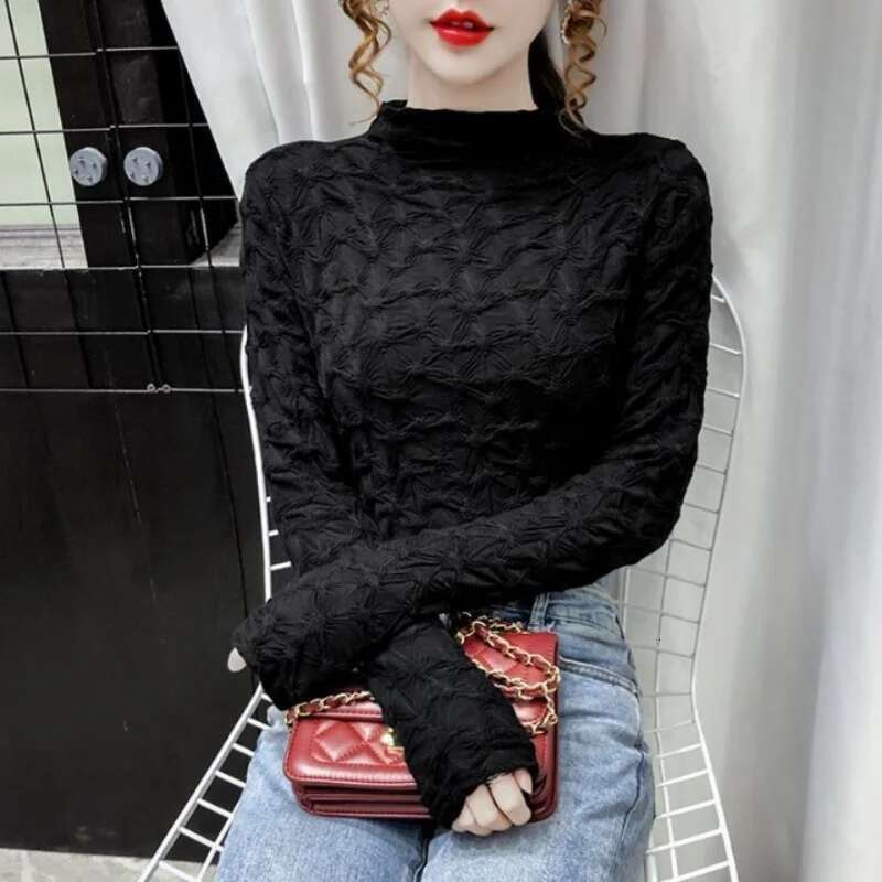 T Shirts Female Autumn Clothes Lace Tees Elegant Top for Women Long Sleeve Pulovers Glitter Loose Cheap 90s Turtleneck Art White