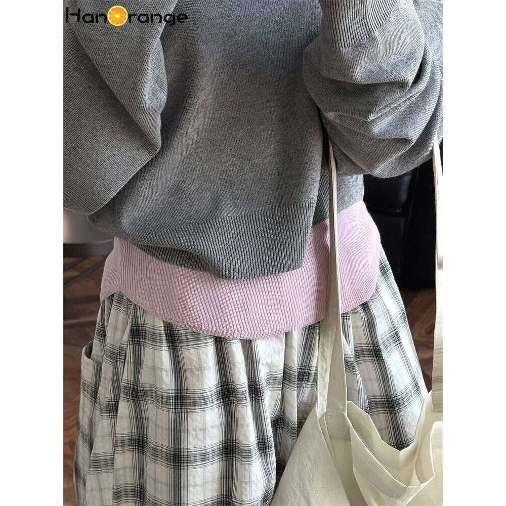 HanOrange 2025 Spring Summer Slant Neck Off Shoulder Two Piece Knitted Top Women Soft Sweater Black/Apricot/Gray/Navy Blue