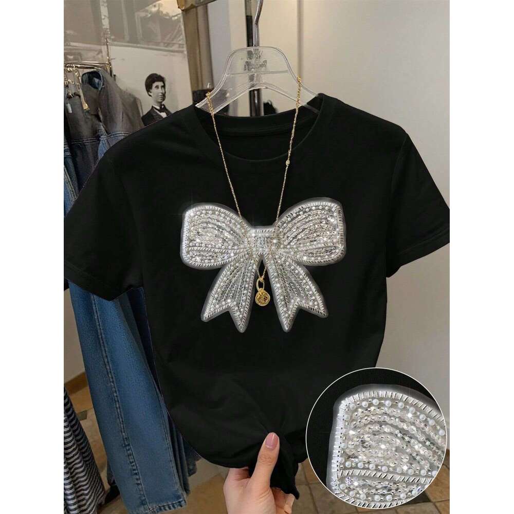 Summer New Women's Fashion Casual Commuter Loose Round Neck Bowknot Print T-Shirt Short B5