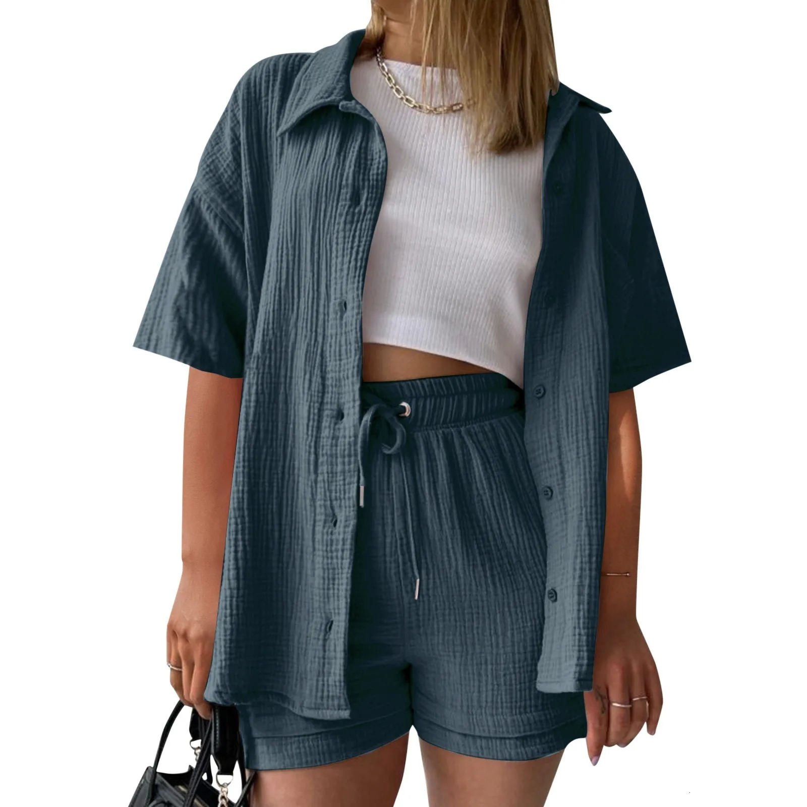 Y2k Comfy Women 2 Piece Outfit Lace Trim Womens Solid Color Short Sleeve Shirt Casual Shorts 2 Women Casual Joggers Sets 250616